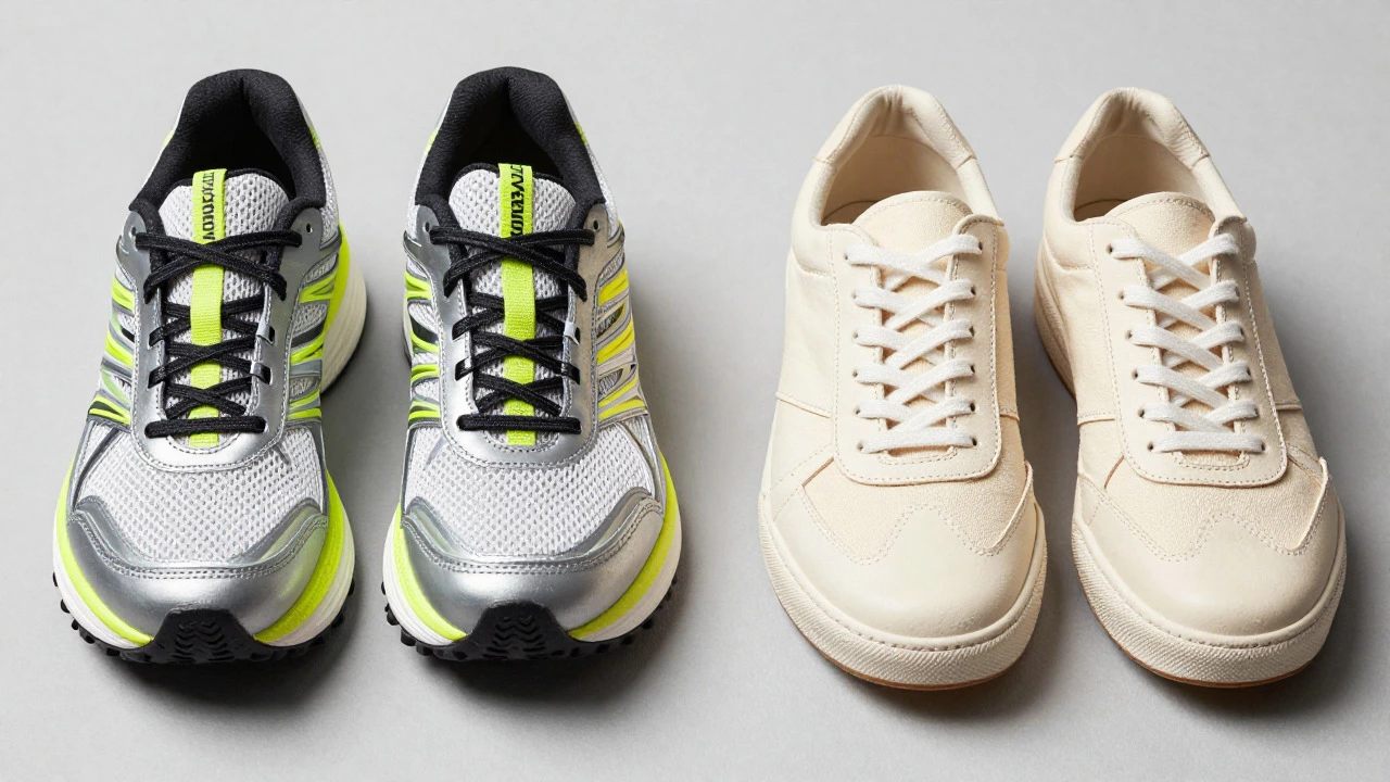 Side-by-side comparison of a technical running shoe and a leather lifestyle sneaker