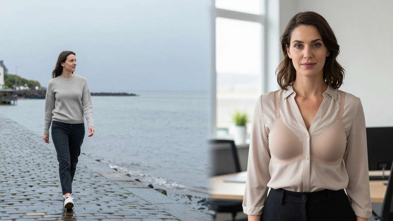 Split image showing a woman walking in Galway rain and working in an office, highlighting bra versatility