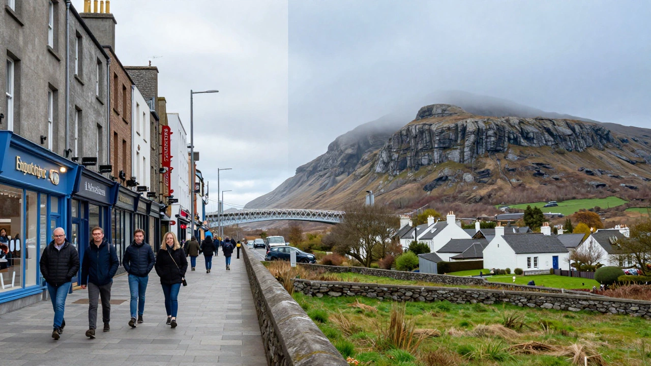 Split view of Dublin city and Scottish Highlands landscape