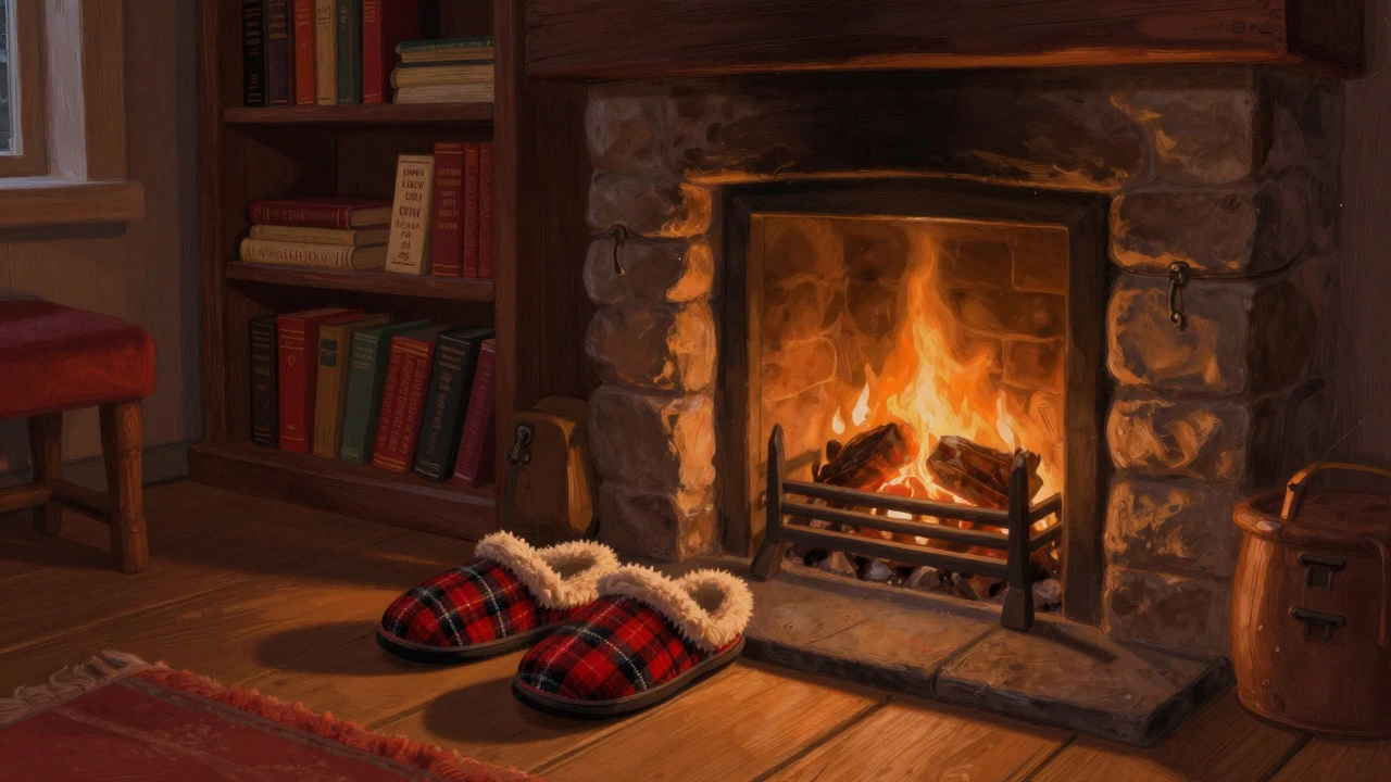 Tartan slippers by a fireplace in a Scottish cottage