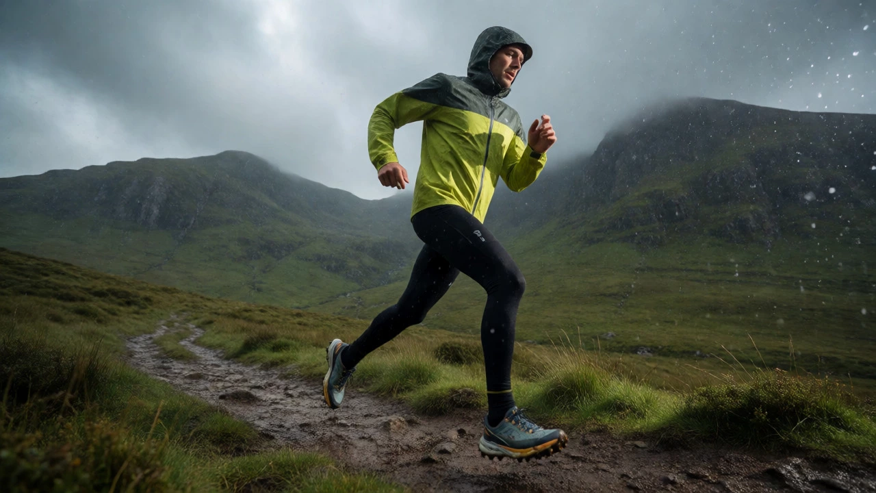 Trail runner in waterproof gear navigating muddy Wicklow Mountain paths in rain.