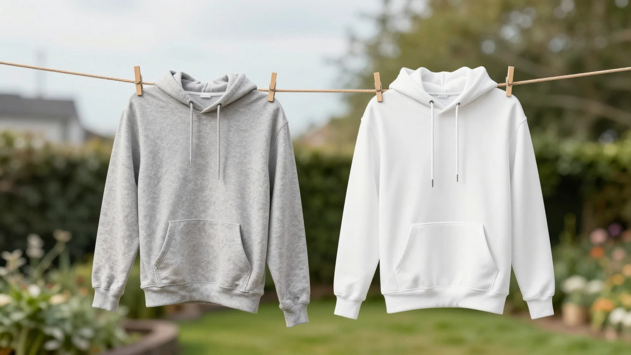 Two hoodies hanging on a clothesline, one worn, one pristine