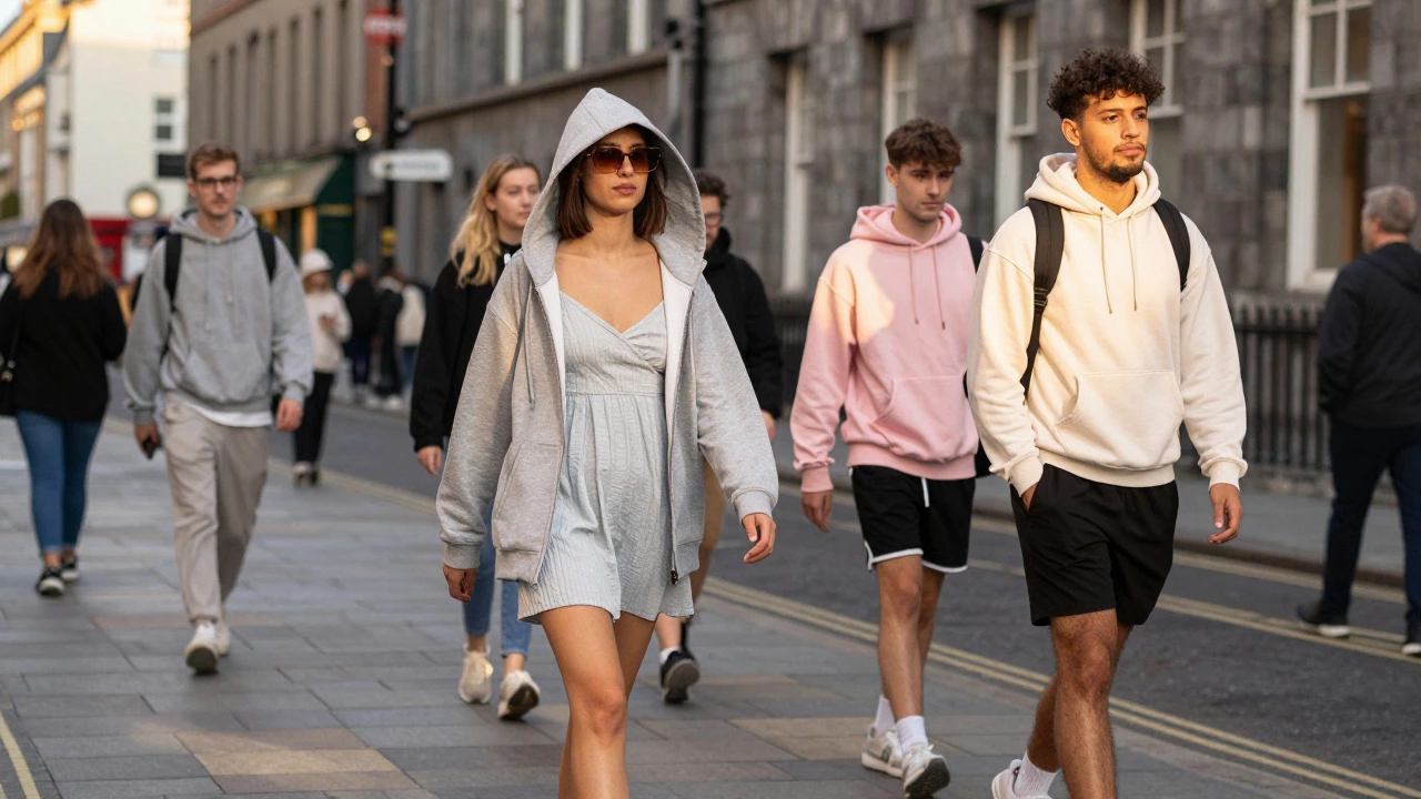 Urban street style photo of people wearing hoodies over summer clothes