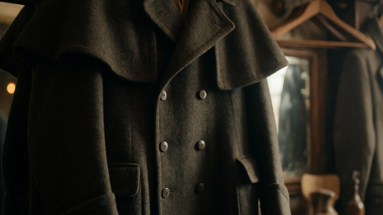 Vintage tweed Ulster coat with capelet in antique shop
