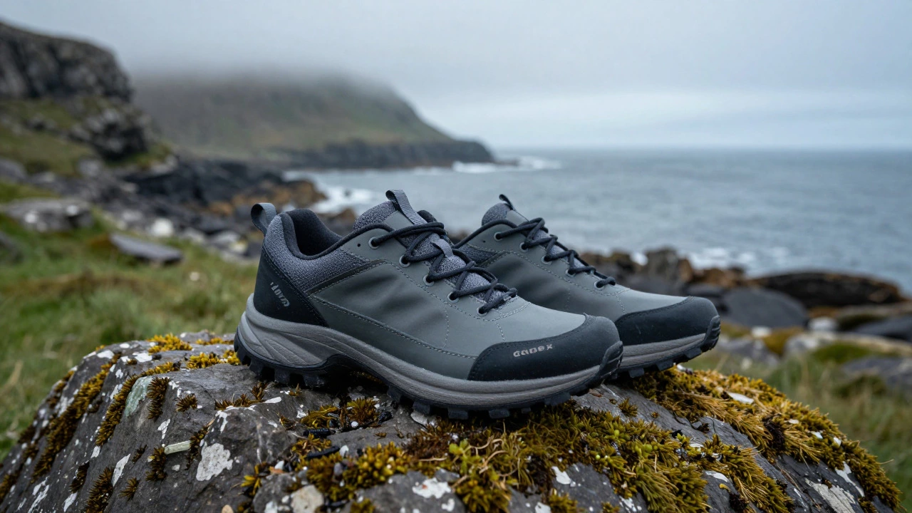 Waterproof chunky trainers on a rocky Irish coastal path