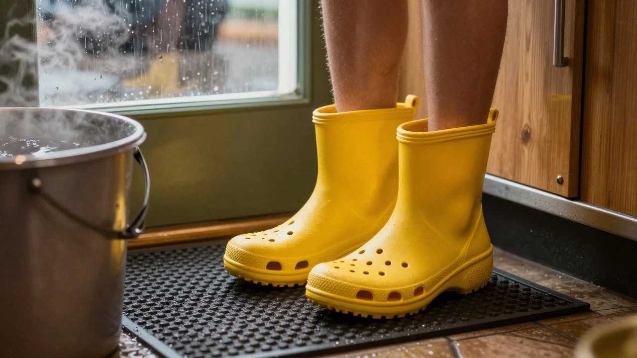 Waterproof clog shoes on a wet pub kitchen floor near spilled water