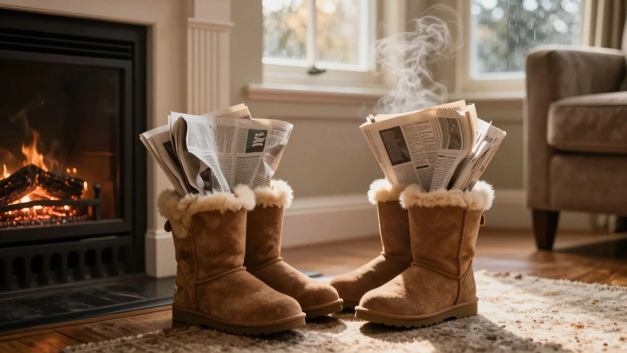 Wet UGGs stuffed with newspaper drying naturally indoors by a fireplace