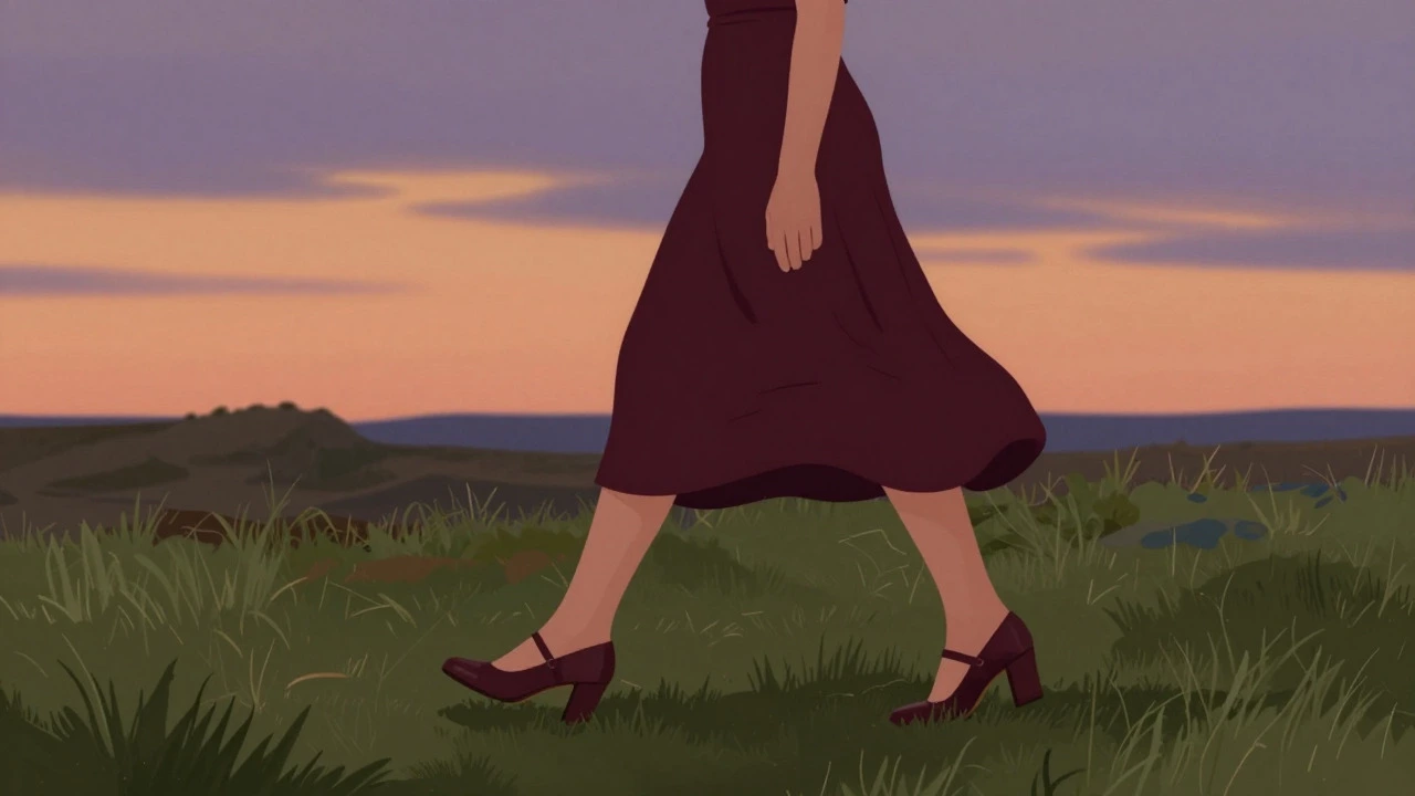 Woman in burgundy dress walking on grass at dusk