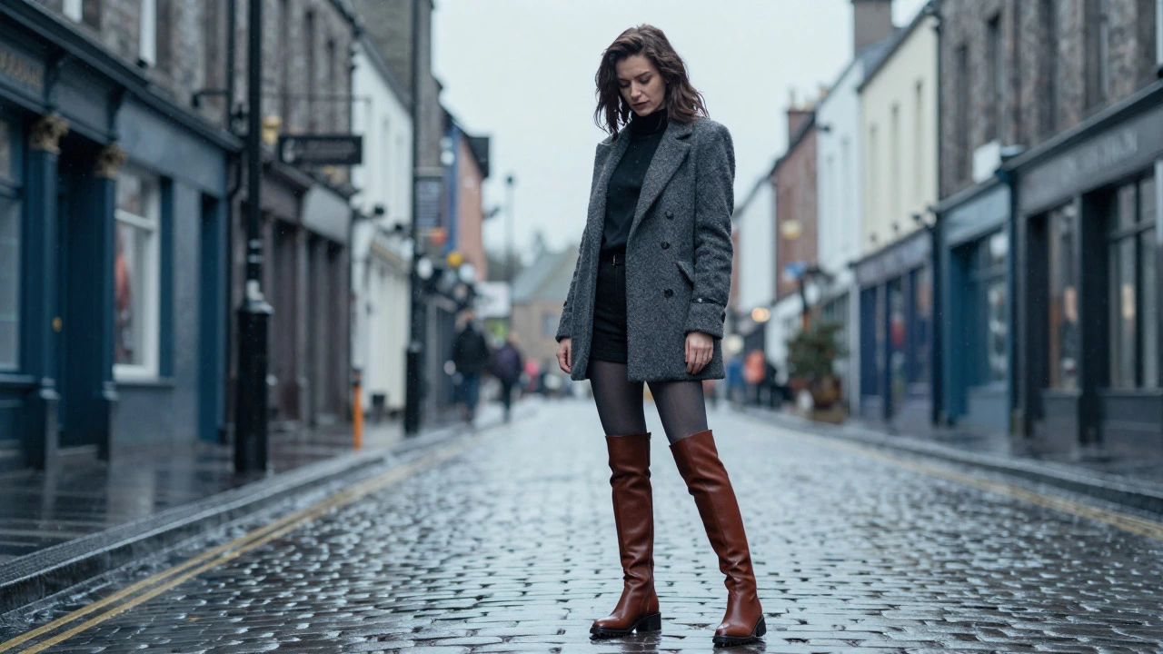 Woman in fashion boots standing on wet cobblestones