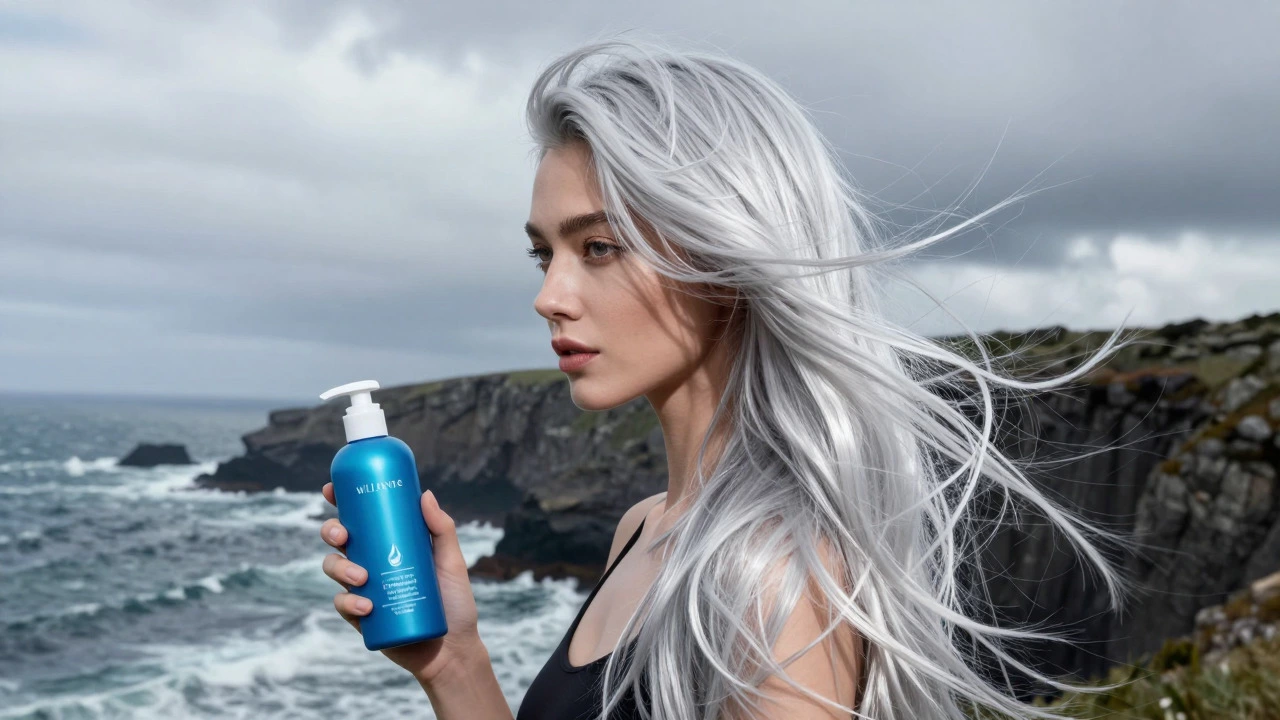 Woman with shiny silver hair against Wild Atlantic Way coast