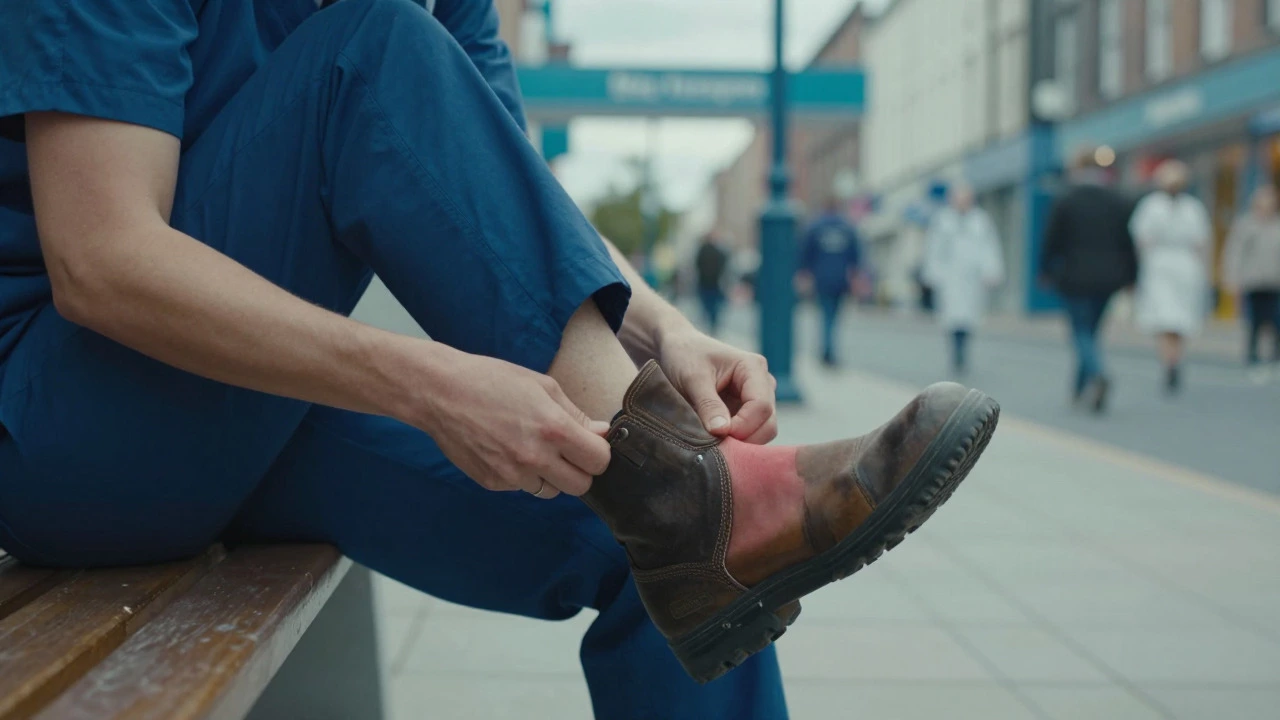Worker removing tight boots after a long shift to relieve foot swelling and pain.