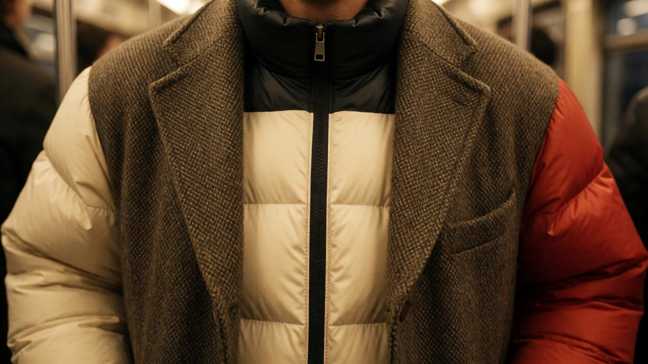 Awkward bulky look of a puffer jacket worn under a tweed coat.