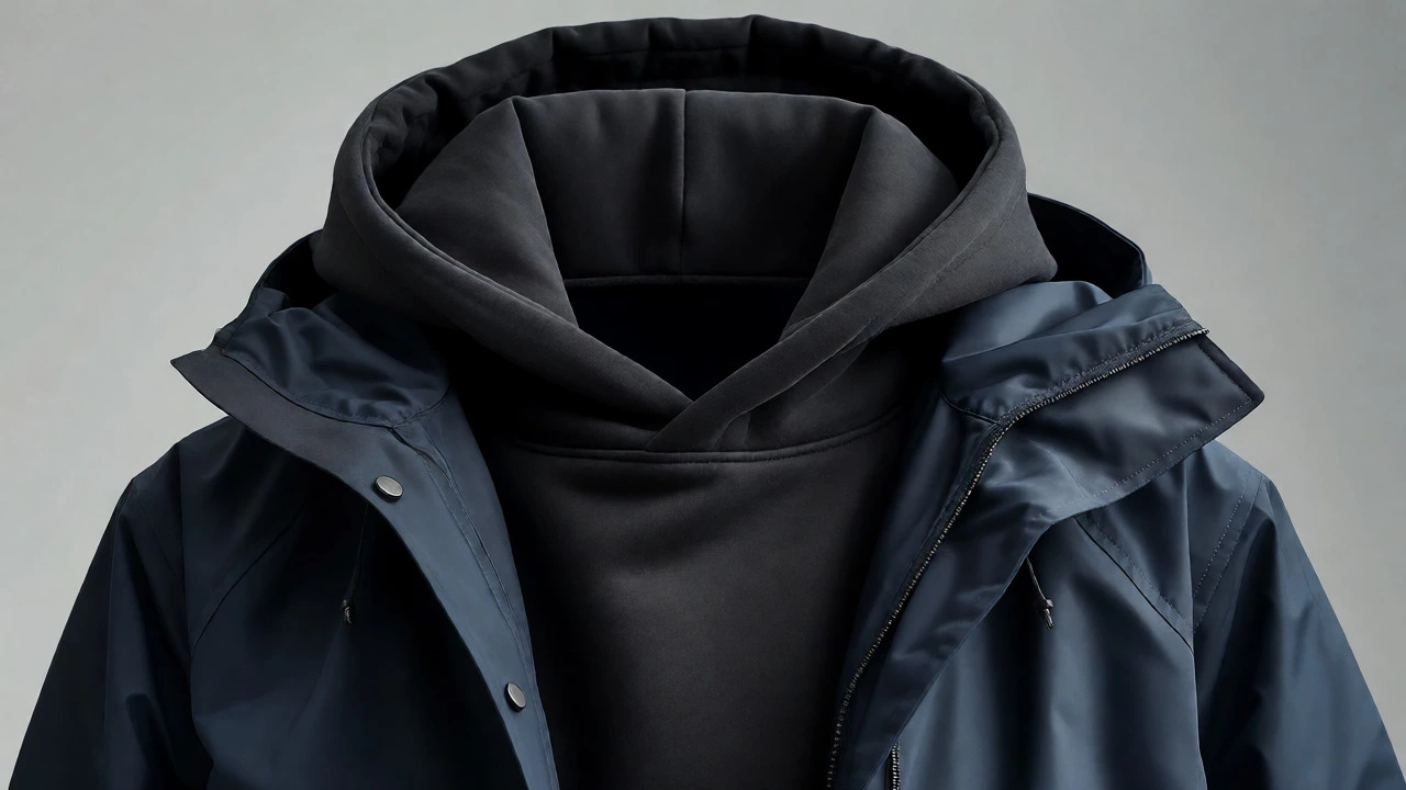 Close-up of a bulky black hoodie layered under a waterproof rain jacket for warmth.