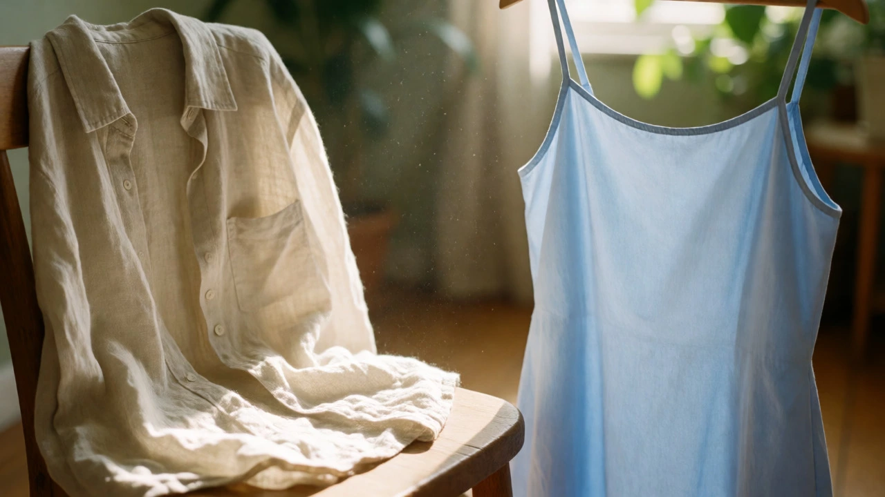 Close-up of beige linen shirt and blue cotton dress in sunlight