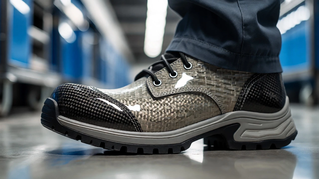 Close-up of composite-toe safety boots highlighting non-metallic materials