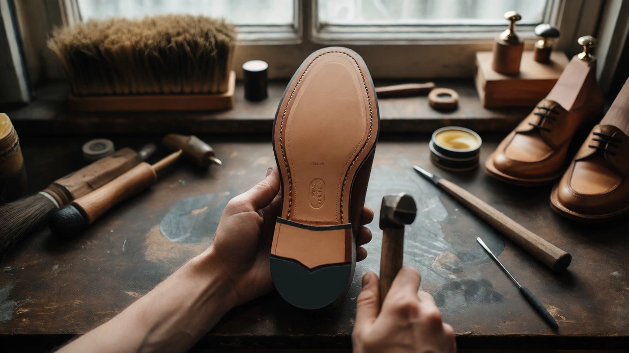 Close-up of Goodyear welt stitching on a shoe being repaired by a cobbler