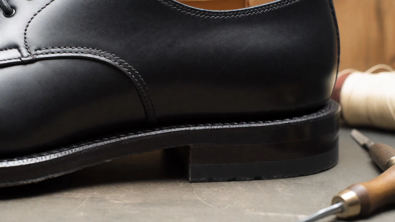 Close-up of Goodyear welt stitching on leather shoe sole