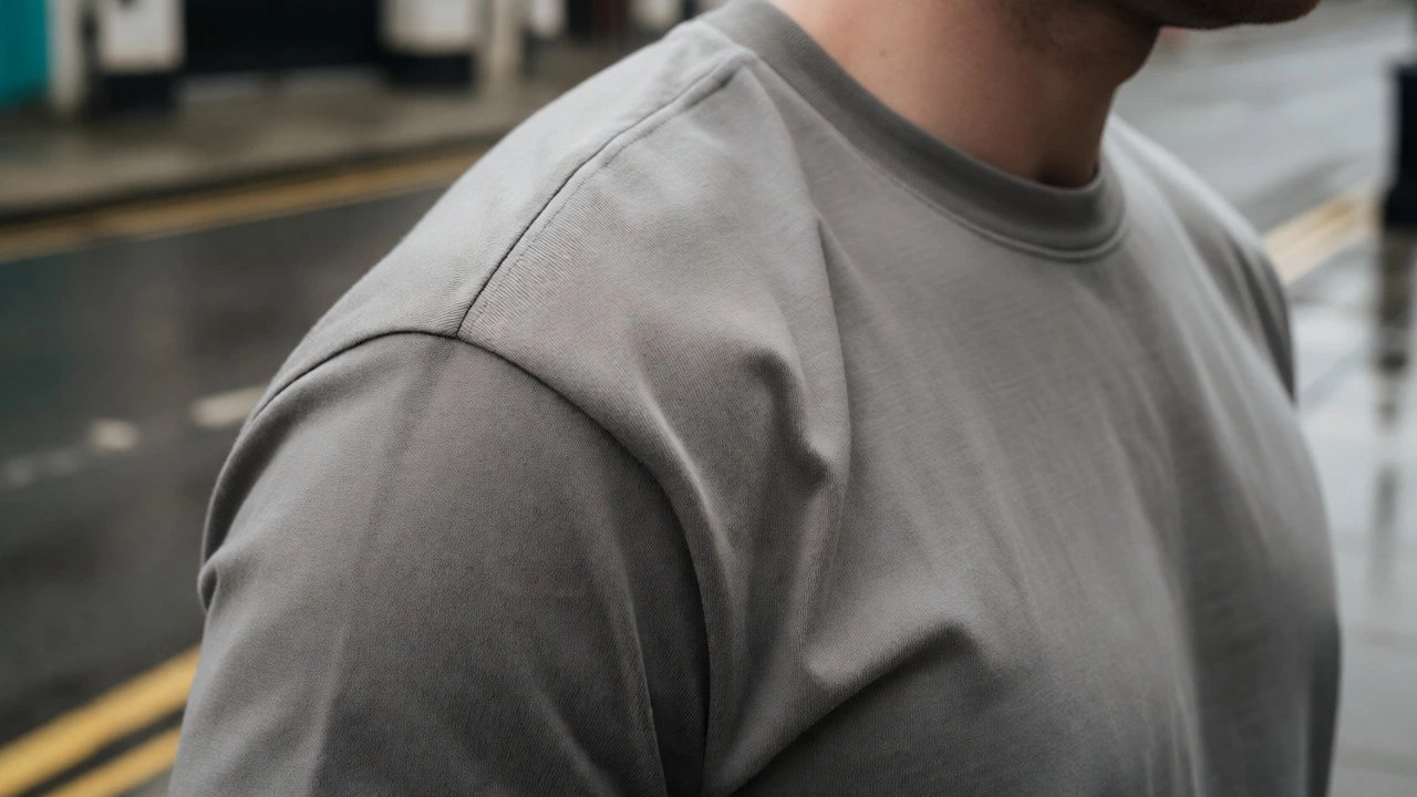 Close-up of properly fitted t-shirt shoulder seam on broad shoulders