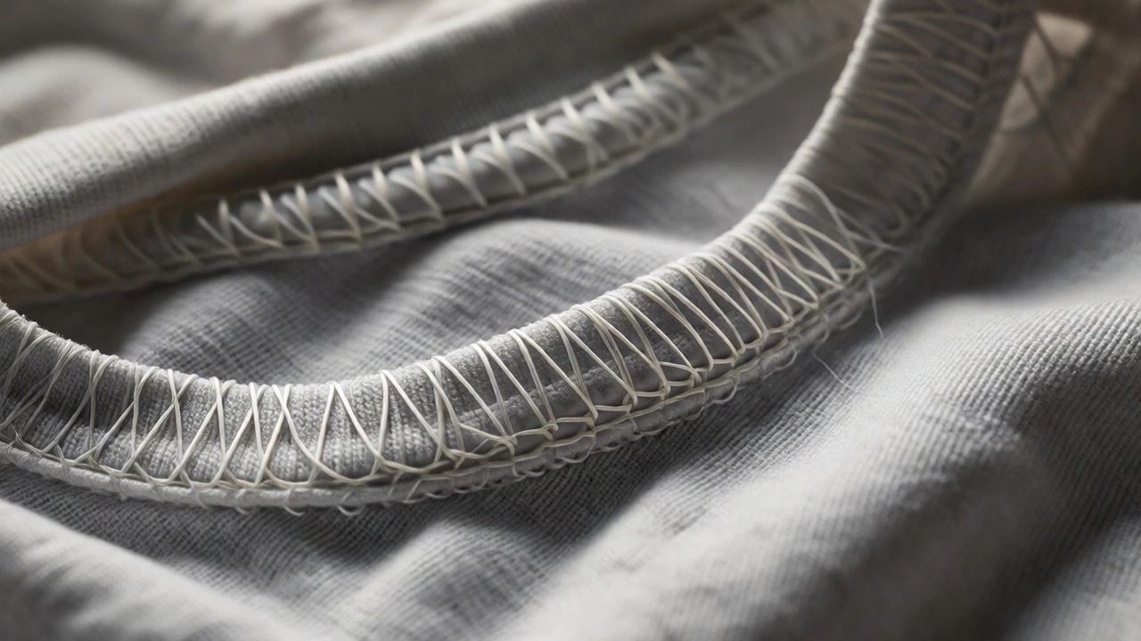Close-up of reinforced twin-needle stitching and shoulder tape on a t-shirt's inside seam.