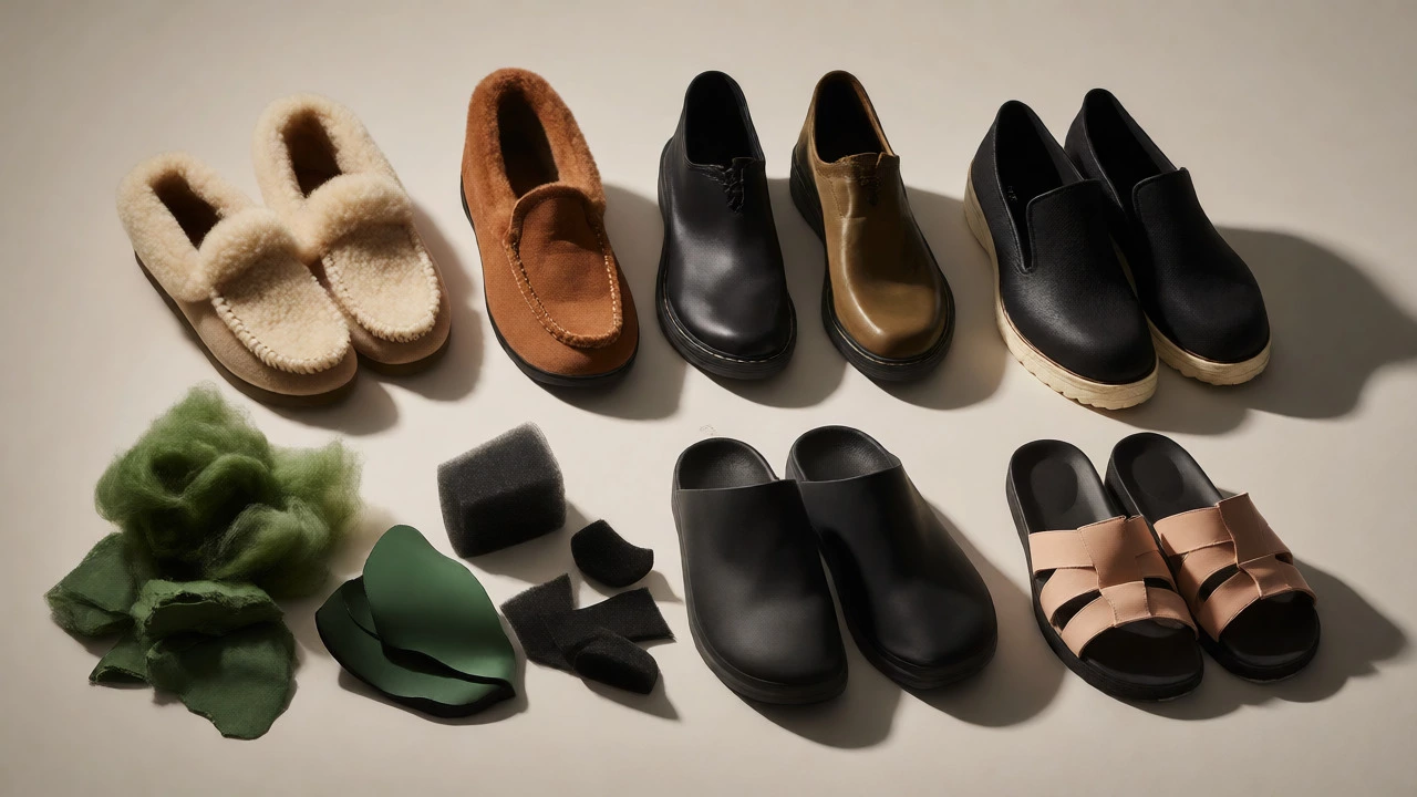 Collection of various slipper types alongside wool, leather, and foam materials