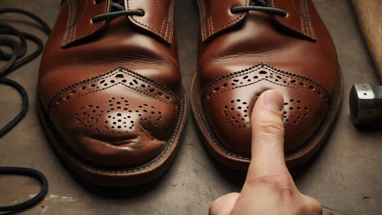 Comparison of a stretched, ill-fitting leather shoe toe box versus a properly fitted one.