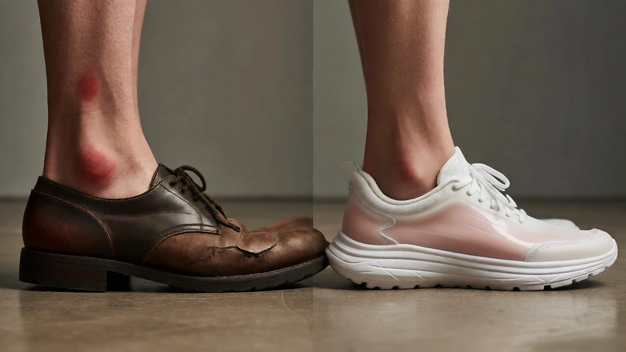 Comparison of blistered feet in stiff leather shoes versus comfortable synthetic sneakers.