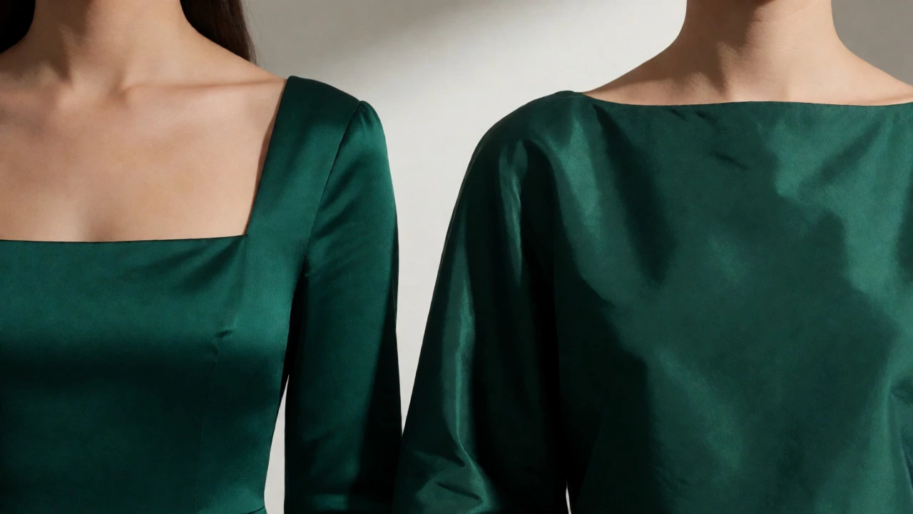 Comparison of emerald square neck vs stiff taffeta boat neck