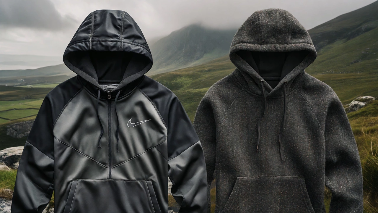 Comparison of Nike synthetic and Donegal Tweed wool hoodies against Wicklow Mountains