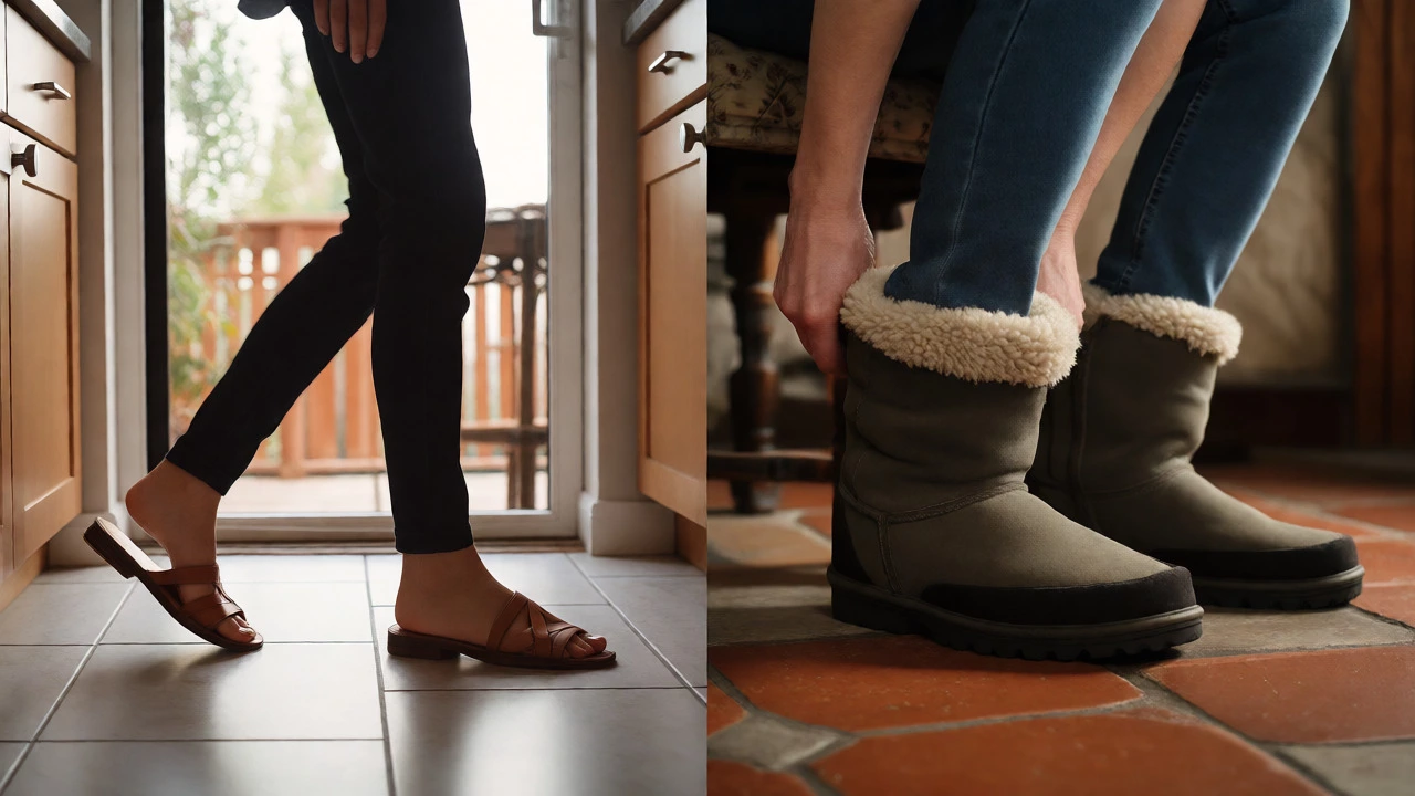 Comparison of US slide sandals and Irish indoor booties in different homes