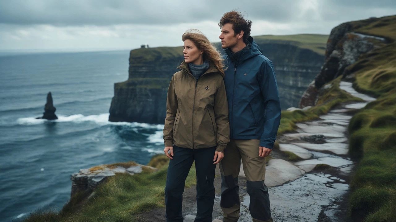Couple in fashionable outdoor gear standing near Irish coastal cliffs