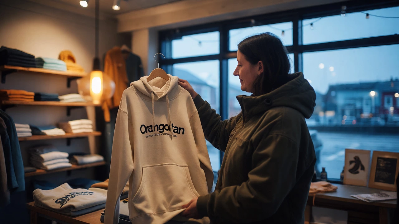 Customer examining an organic cotton hoodie in a Galway clothing boutique