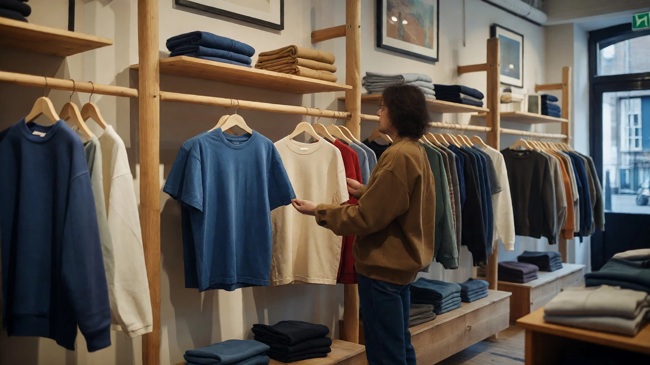 Customer inspecting a quality t-shirt on a rack in a modern Dublin clothing boutique.