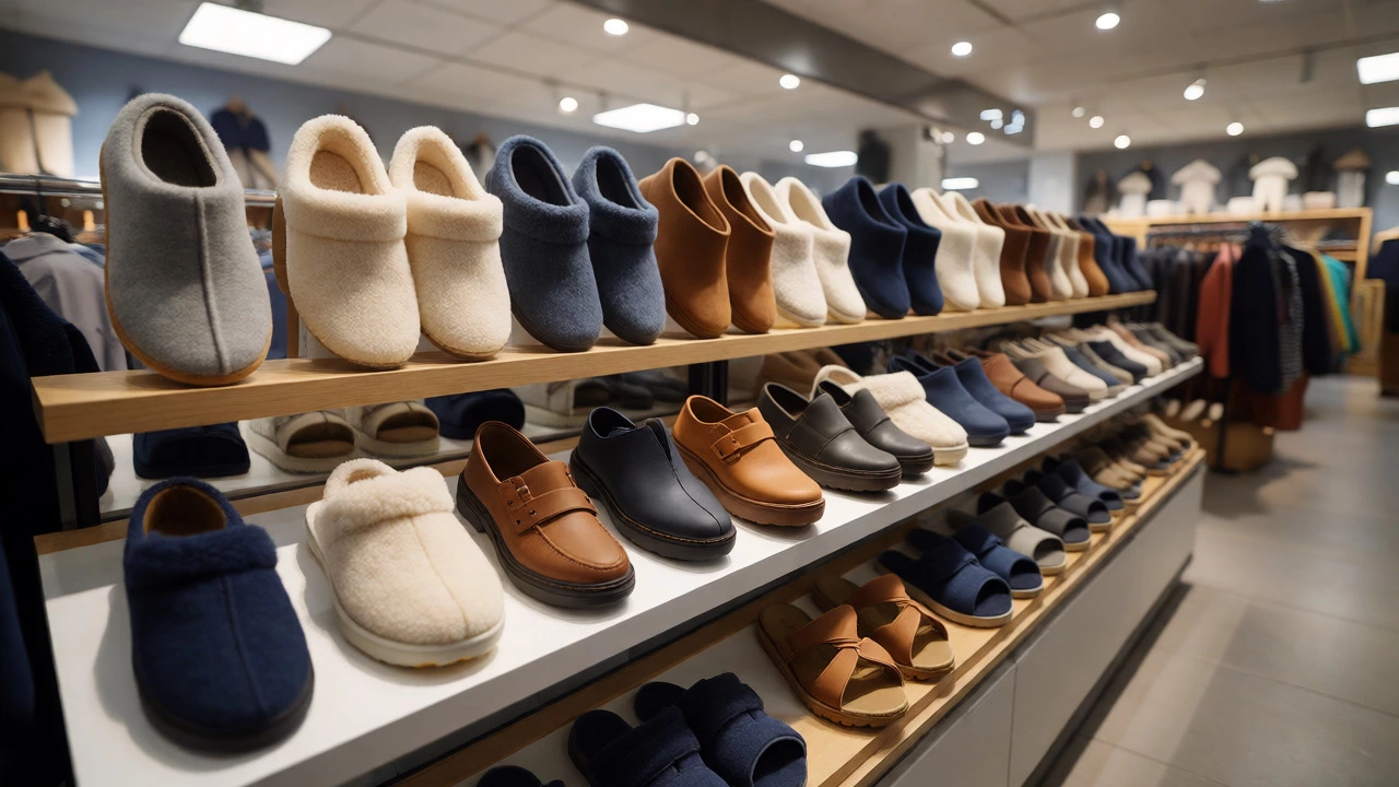 Display of varied indoor footwear including slippers and house shoes