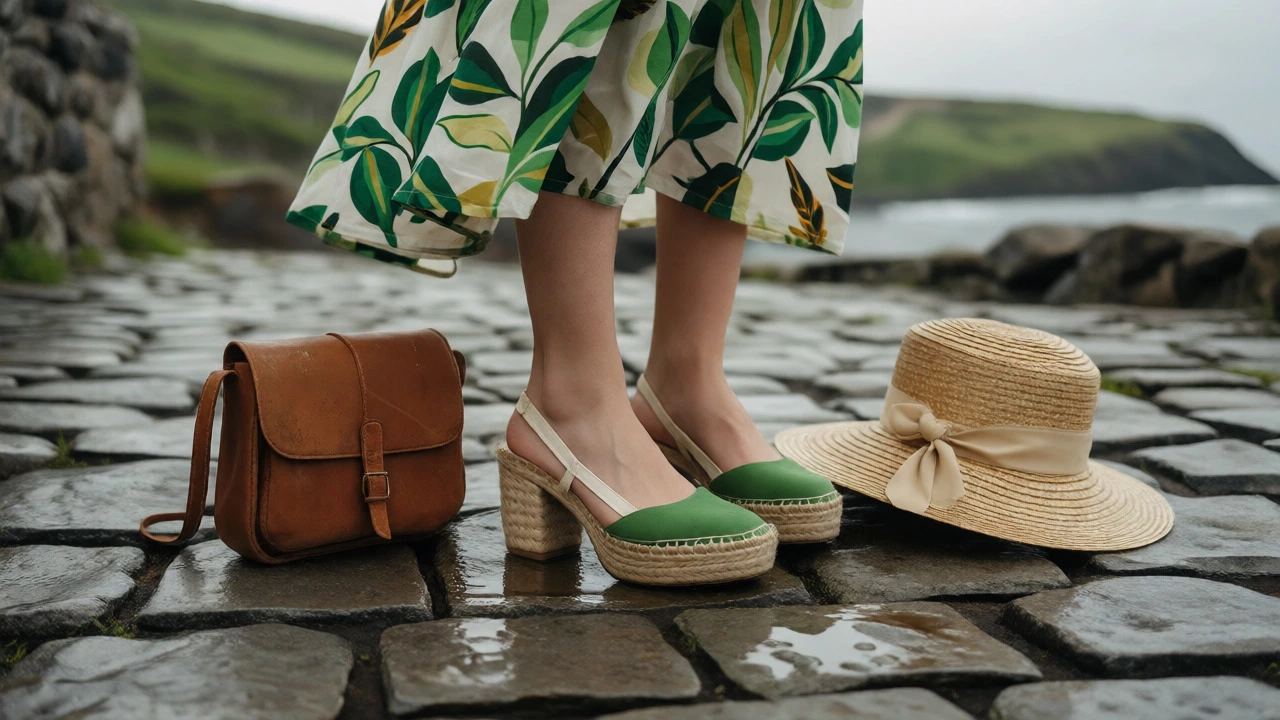 Espadrilles and sundress hem on wet Irish cobblestones