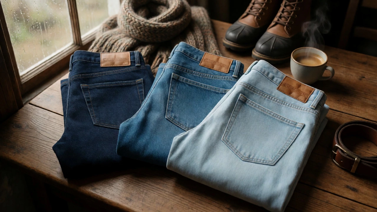 Flat lay of three jeans pairs with winter accessories and coffee