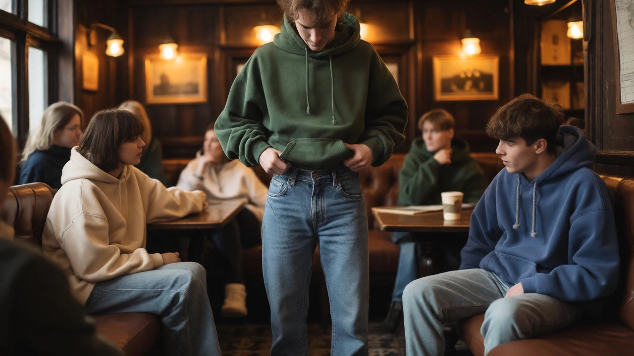 Friends in a cozy pub wearing various baggy hoodies, one tucked into jeans.