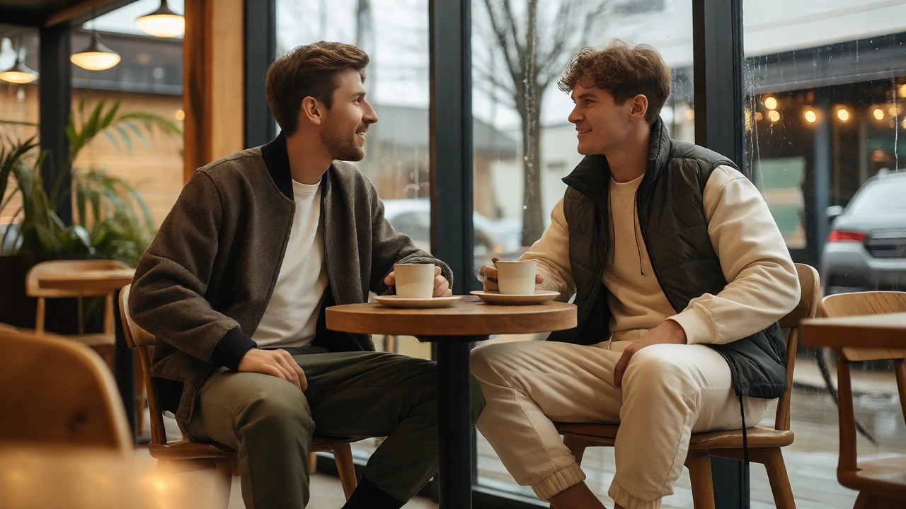 Friends in layered sportswear relaxing in a rainy-day cafe
