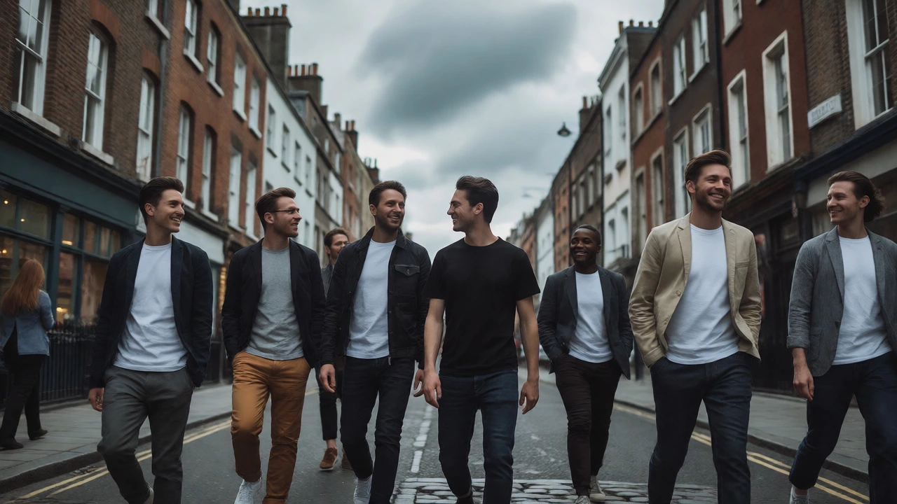 Friends wearing stylish basic t-shirts walking down Grafton Street