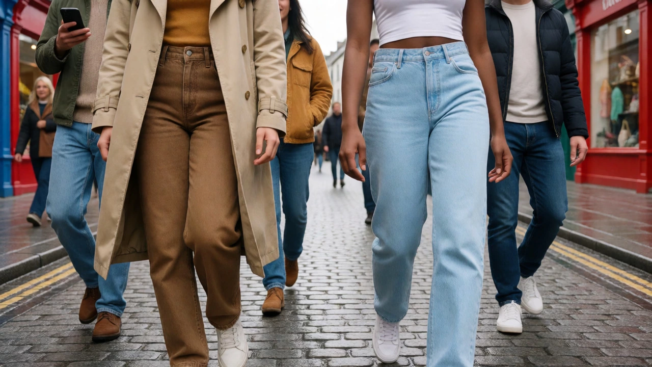 Friends wearing varied denim shades walking on a city street