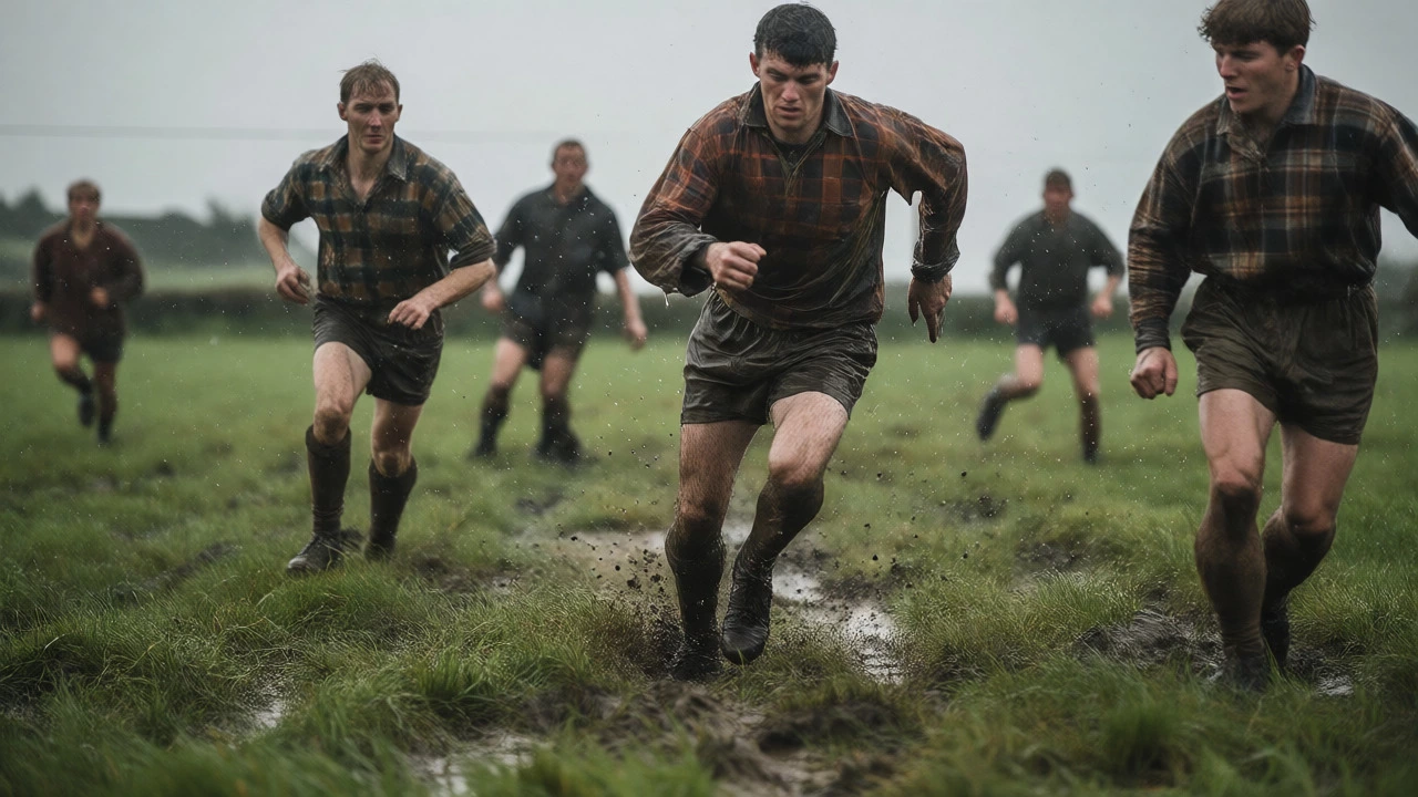 Gaelic football players in heavy wool kits playing on a muddy, rain-soaked Irish pitch.