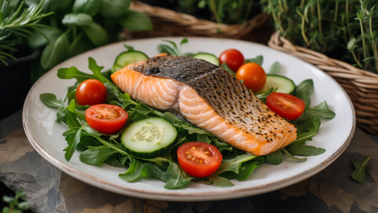 Grilled Atlantic salmon salad with fresh greens and vegetables