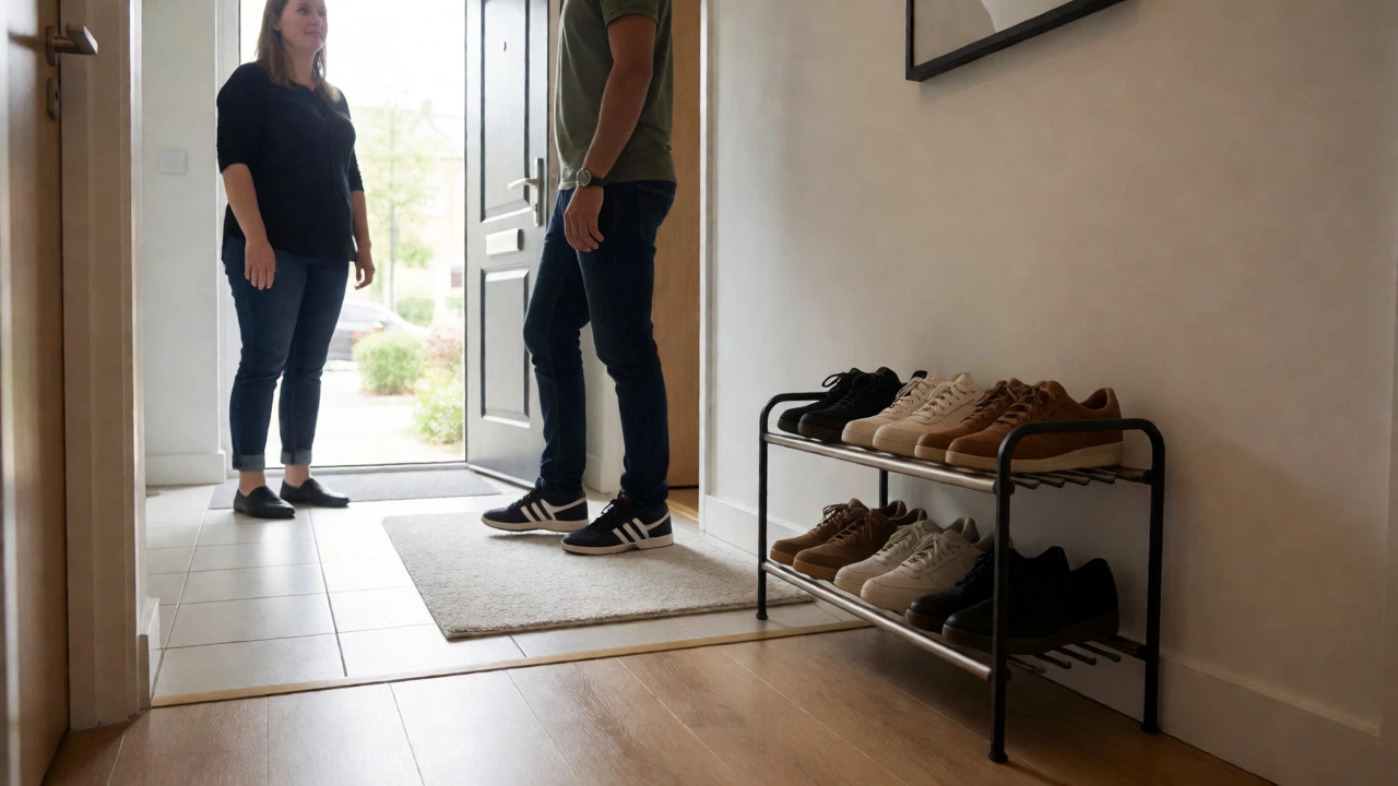 Guest wearing sneakers entering a Dublin home while host watches politely.