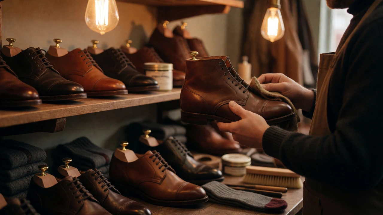 Hands polishing leather boots in a warm cobbler shop
