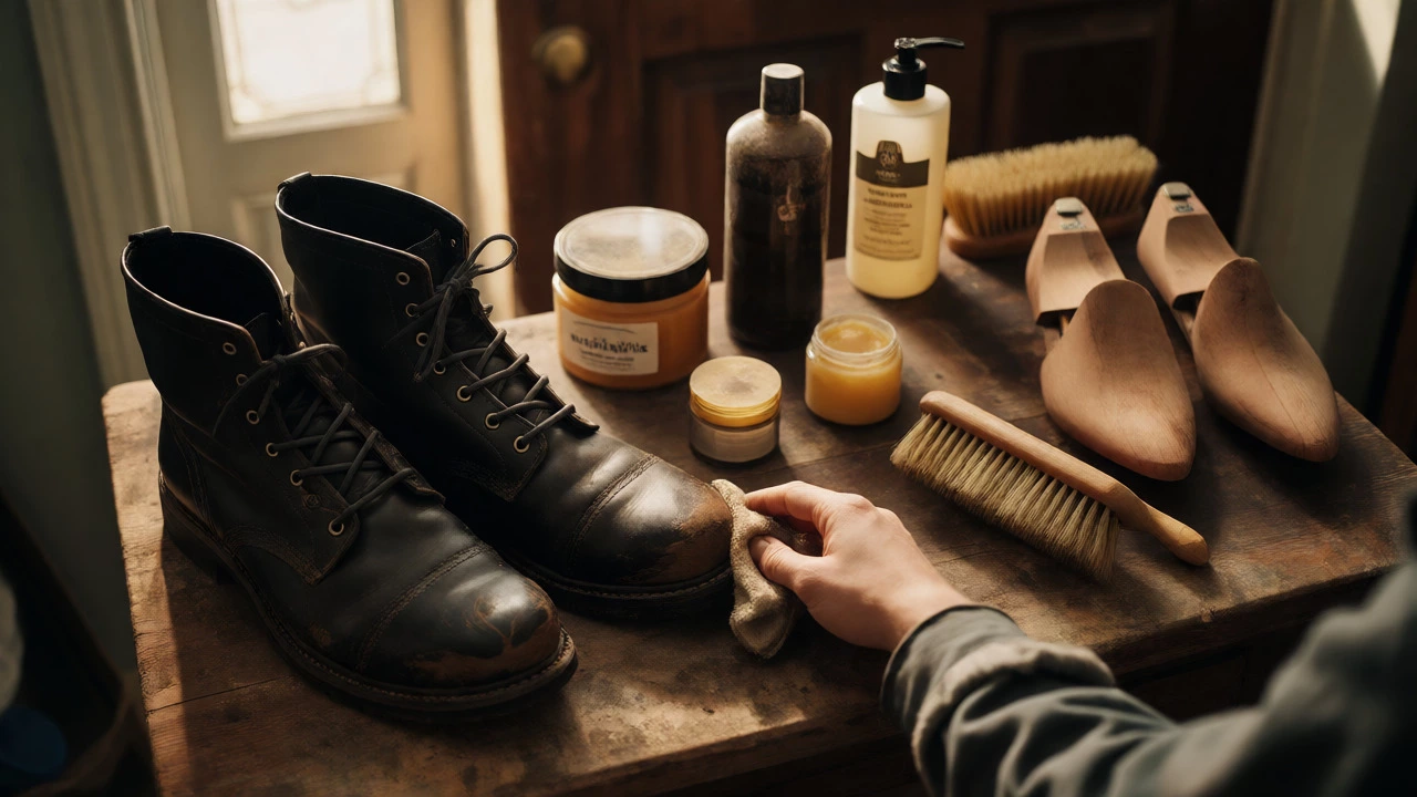 Hands polishing muddy leather boots amidst wax and brushes on a wooden bench.
