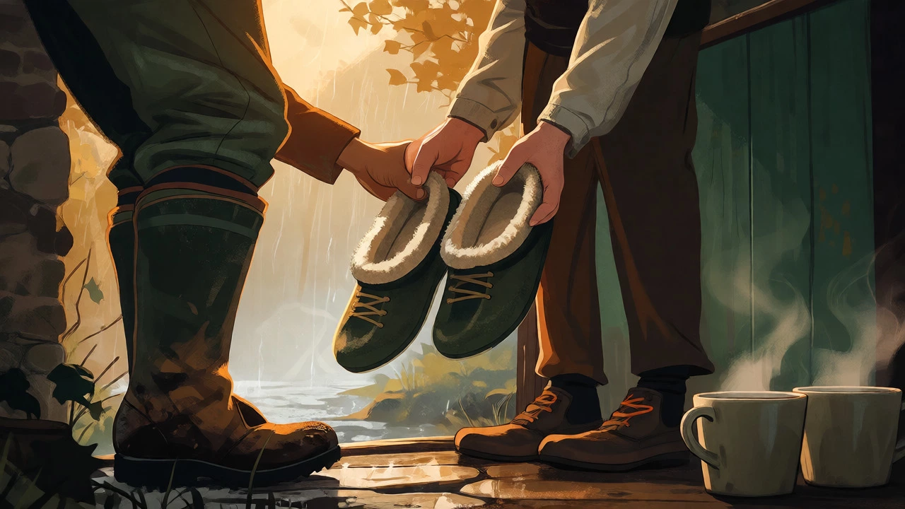 Host offering handmade felt slippers to a guest at a cottage door