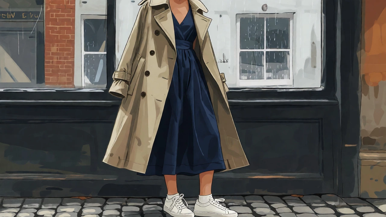 Layered navy sundress with trench coat and sneakers indoors