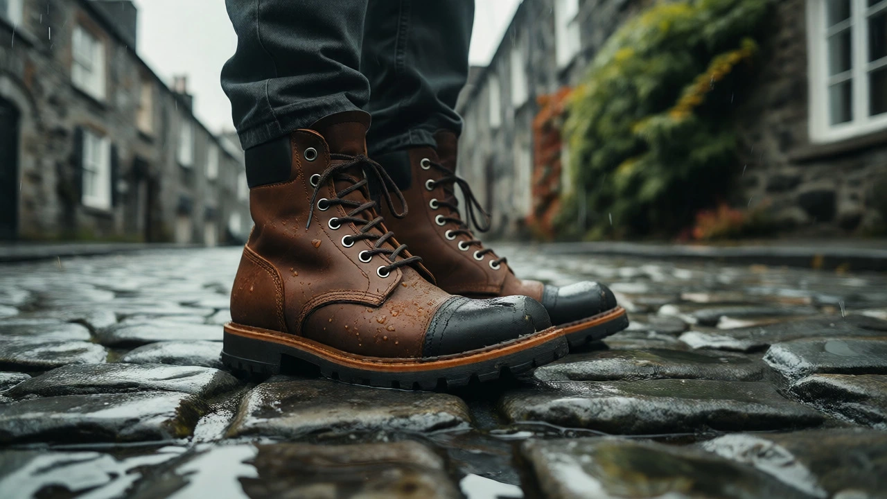 Leather boots standing on wet cobblestones in rainy Galway