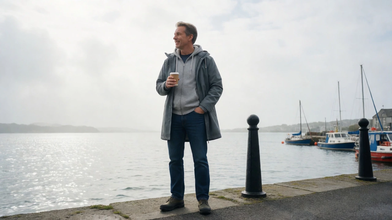 Man in grey zip-up hoodie and raincoat standing on Galway quay overlooking water