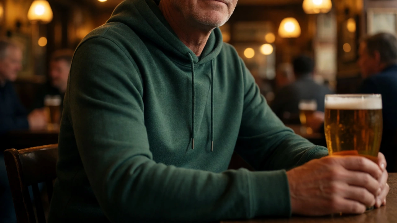Mature man in forest green pullover hoodie sitting in warm traditional Irish pub