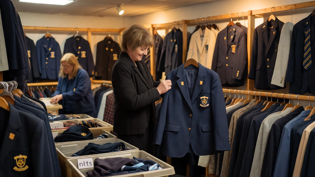 Parent selects a second-hand blazer at a local PTA uniform swap shop.